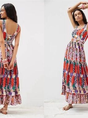 Anthropologie Red Floral Patchwork Maxi Dress